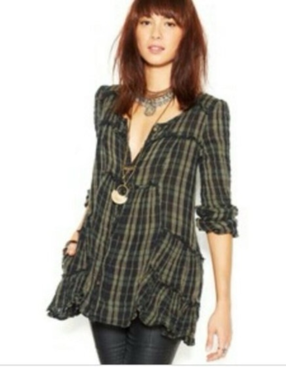 Free People Olive and Black Plaid Ruffled Tunic